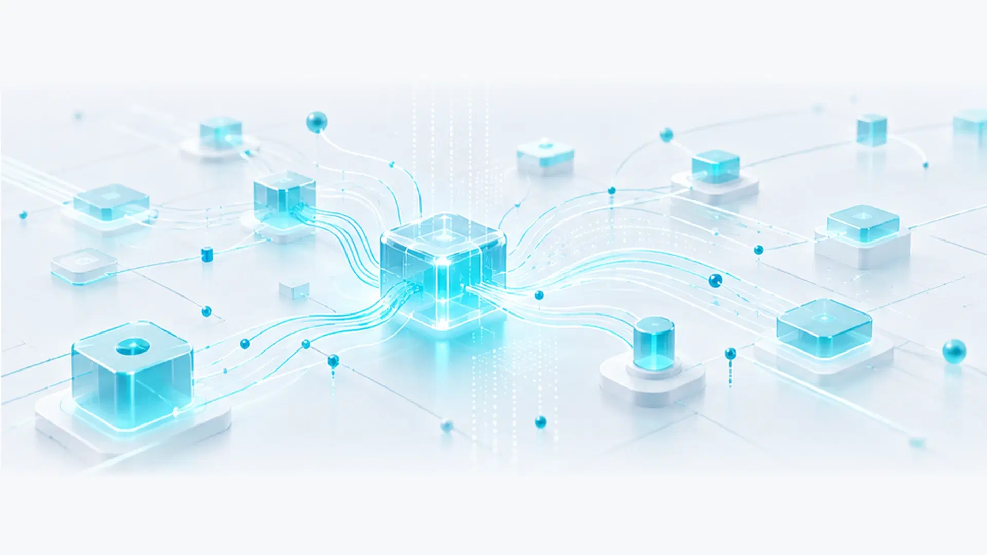 Data flowing between connected nodes into a single secured core, representing AI running inside infrastructure you control.