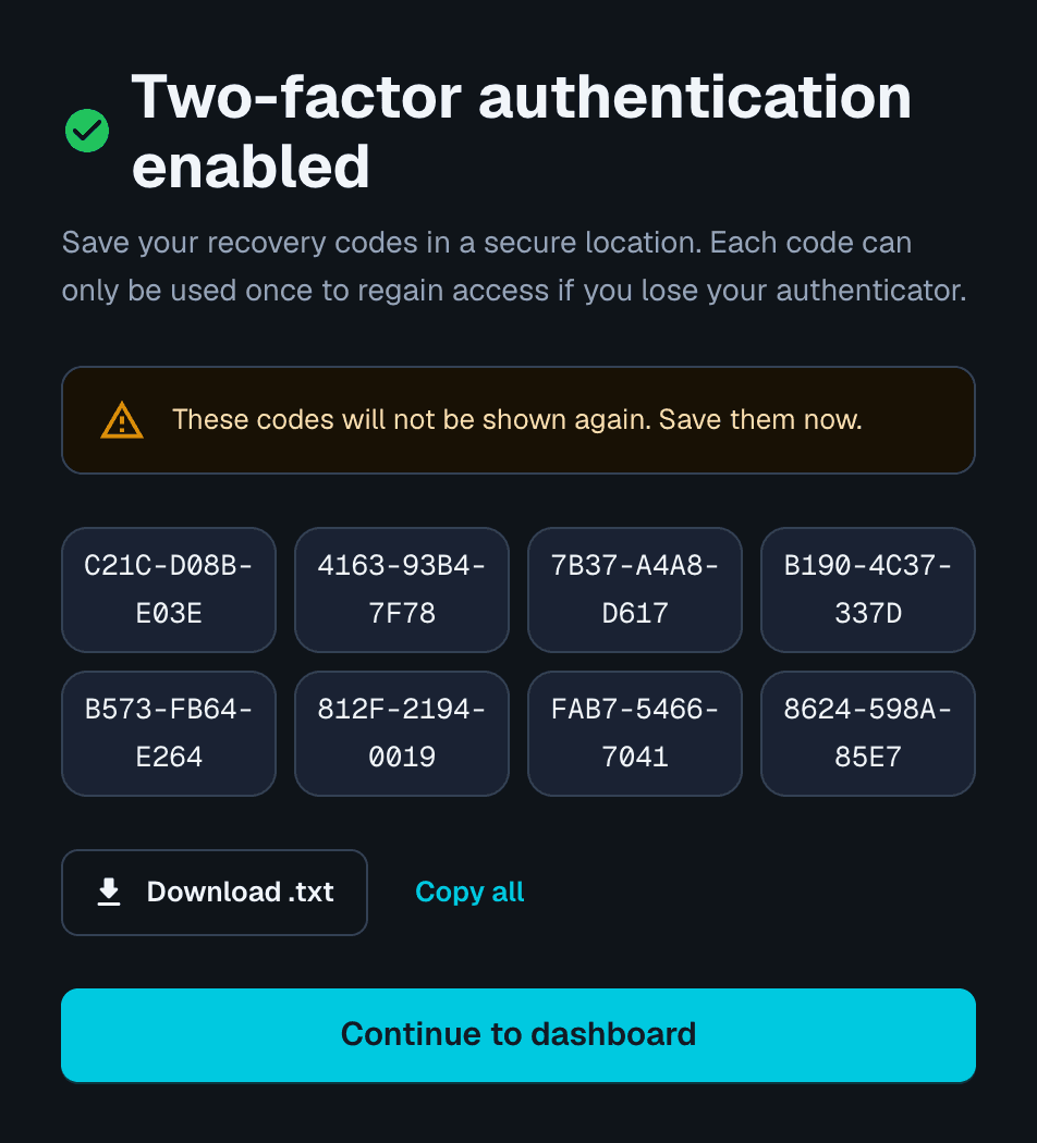 The list of one-time 2FA recovery codes shown after activating two-factor authentication