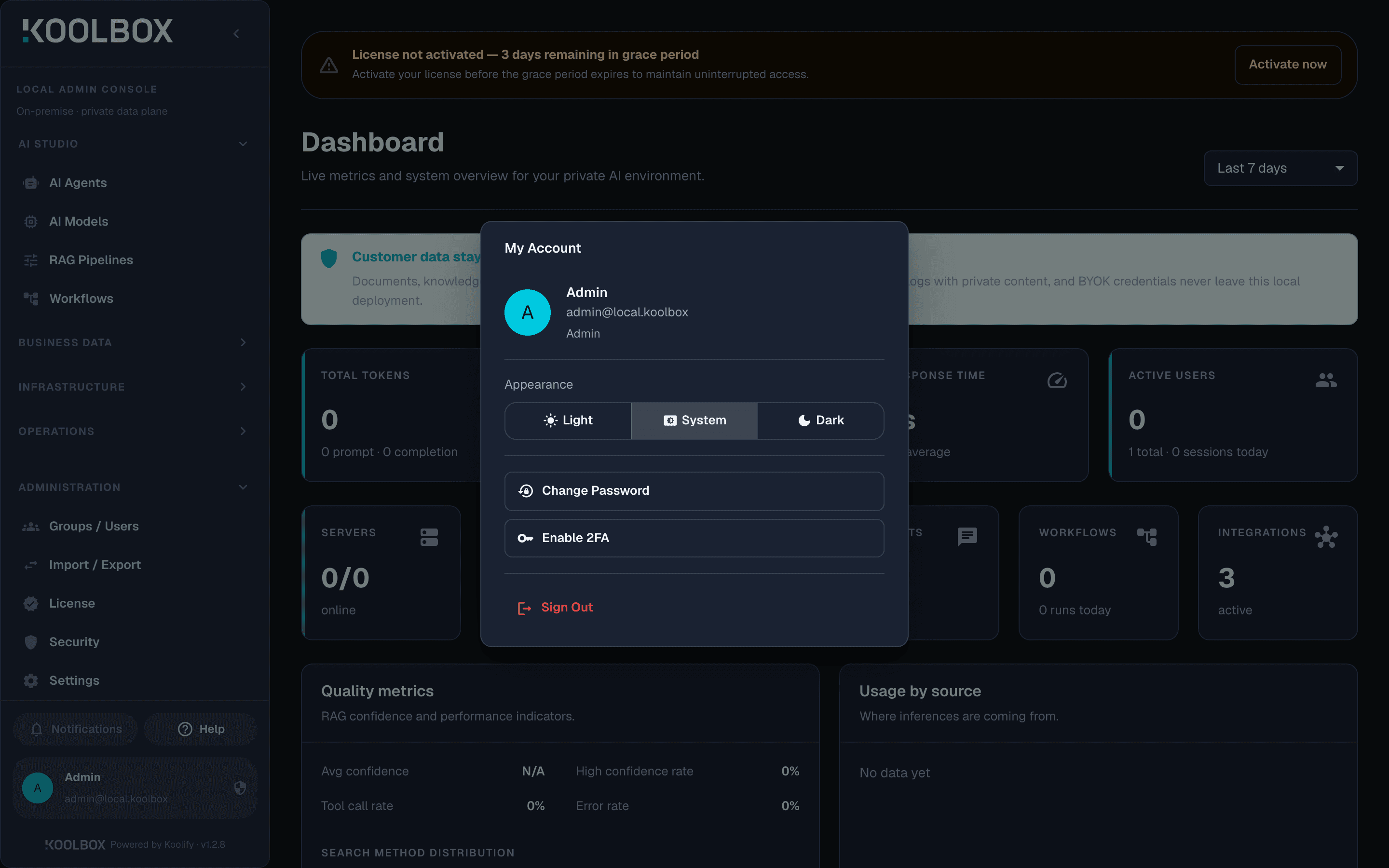 The user menu open at the bottom of the KoolBox sidebar, listing Change Password and Enable 2FA