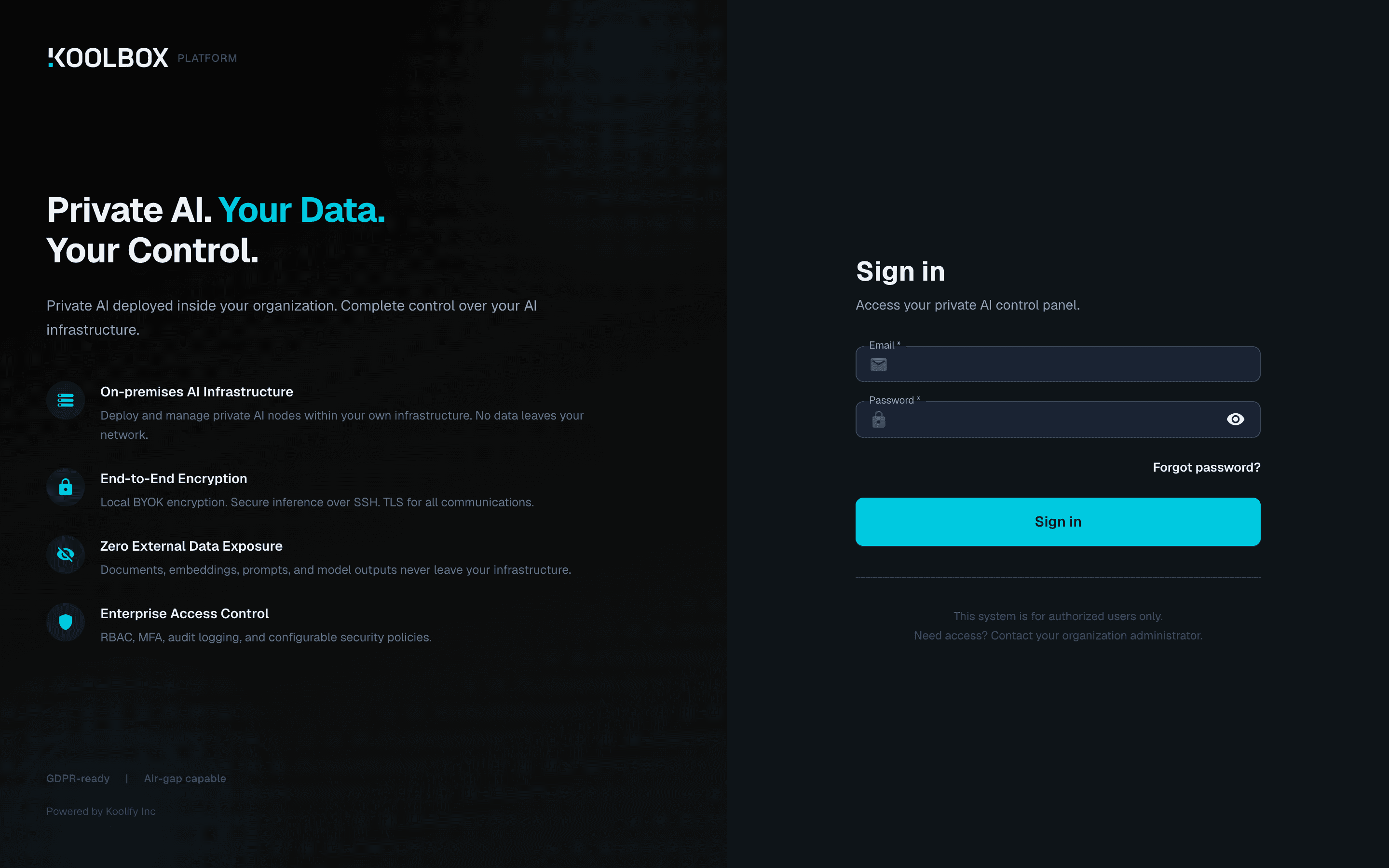 The KoolBox sign-in page with username and password fields