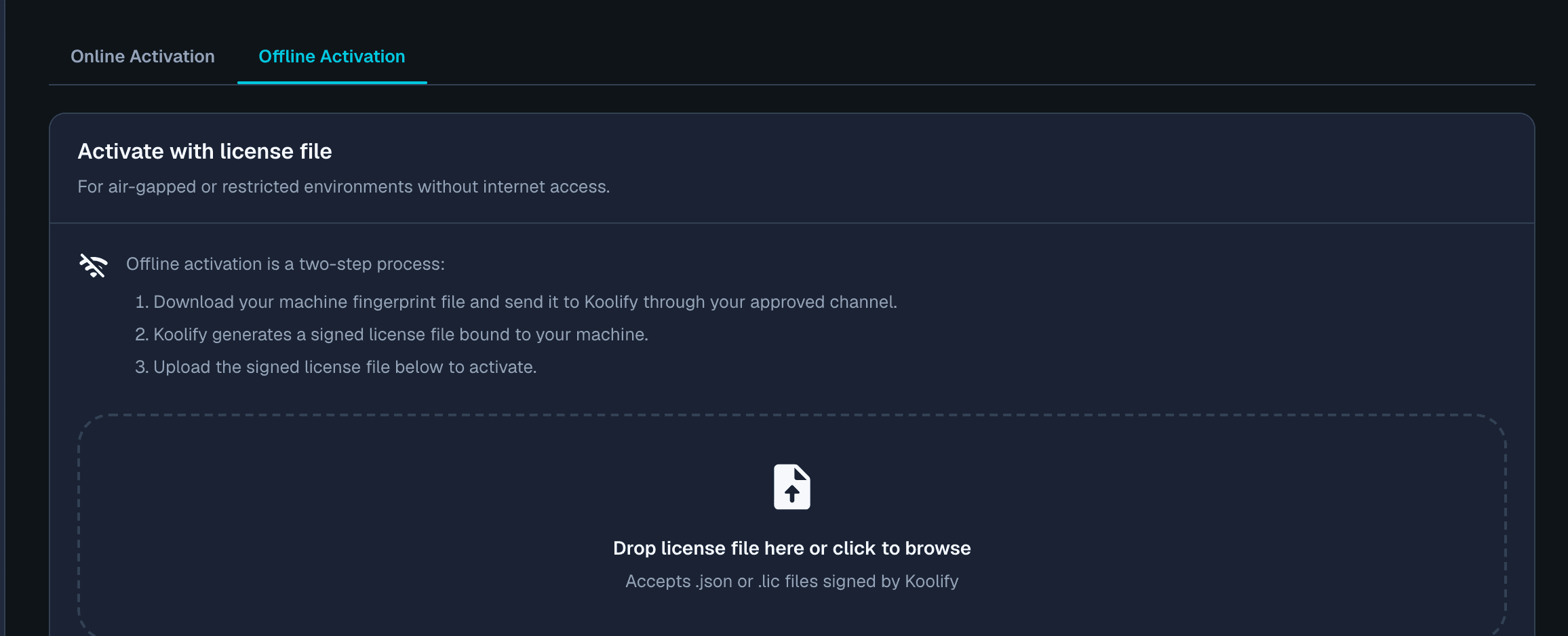 The Offline Activation tab with a dashed drop zone for a .lic license file