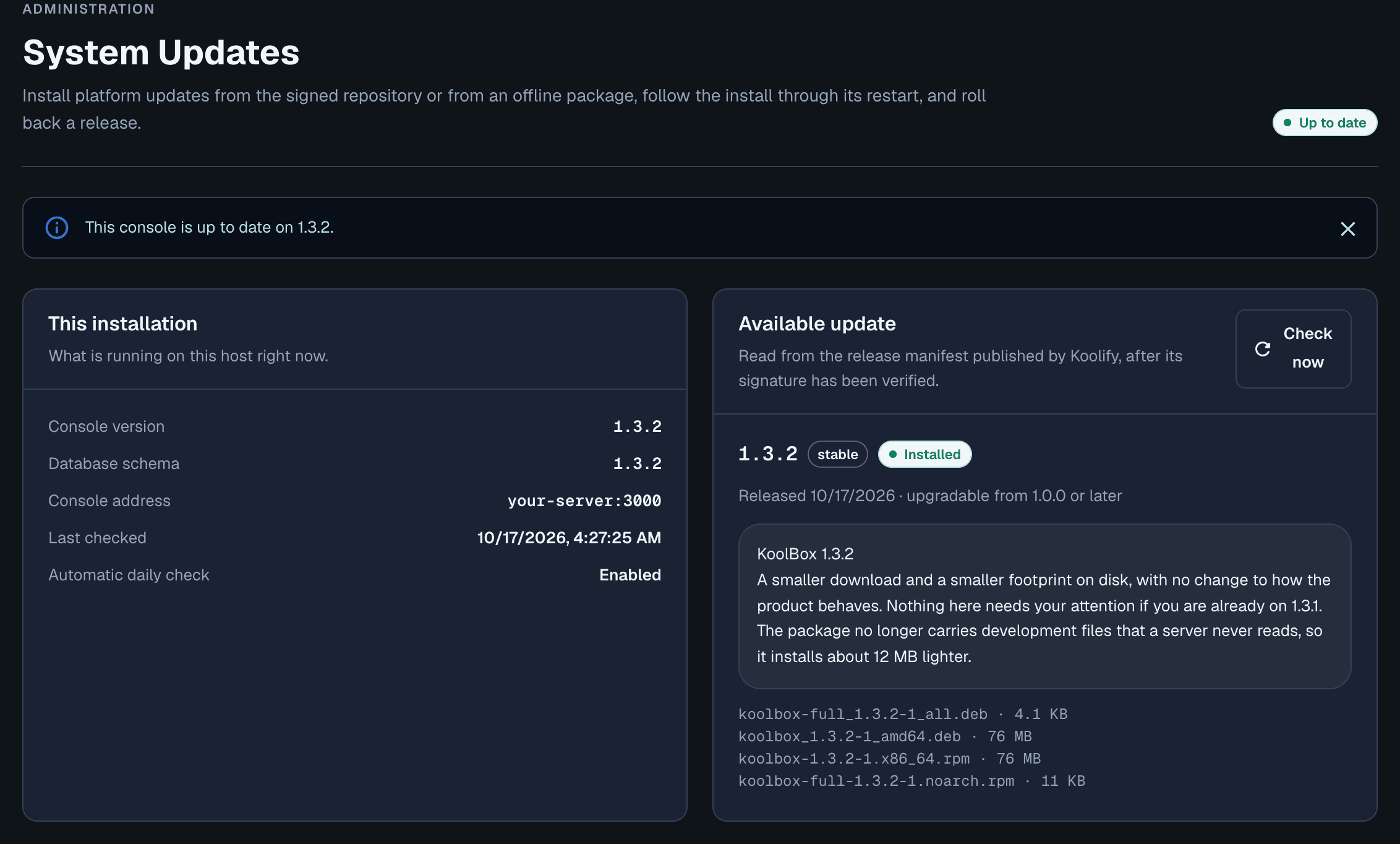 Administration → Updates with nothing to apply: an Up to date chip, matching console and schema versions, and the newest release marked Installed